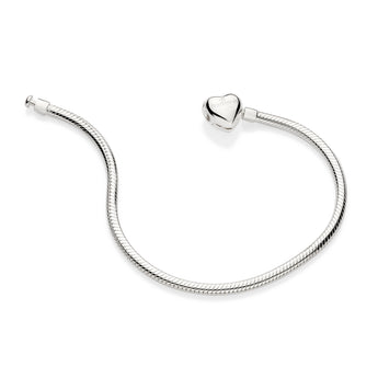 Silver snake chain bracelet by Rommanel featuring a polished heart-shaped clasp with brand engraving and a flexible textured link design on a clean white background