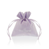 Product photograph by Rommanel of a lavender velvet jewelry pouch on a white background featuring a silver foil butterfly logo and matching satin drawstring ribbons