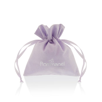 Product photograph by Rommanel of a lavender velvet jewelry pouch on a white background featuring a silver foil butterfly logo and matching satin drawstring ribbons