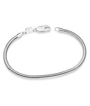 Sterling silver jewelry by Rommanel featuring a snake chain bracelet on a white background with an iconic butterfly logo tag and a polished lobster clasp showing Ag 925 engravings
