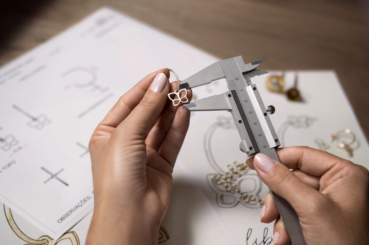 A close-up photograph showing a pair of hands with manicured nails carefully measuring a small, open-frame gold butterfly earring using a metal vernier caliper. The measurement is being taken against a blurred background of a jewelry design blueprint, other prototype earrings, and sketches on a desk. The lighting is focused on the hands and the delicate measuring process