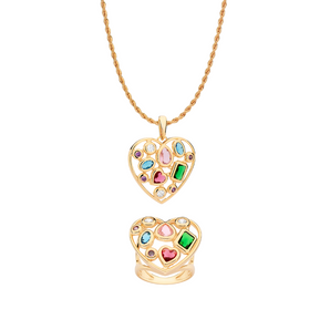 JEWELRY SET GOLD PATCHED HEART (PENDANT + CHAIN + RING)