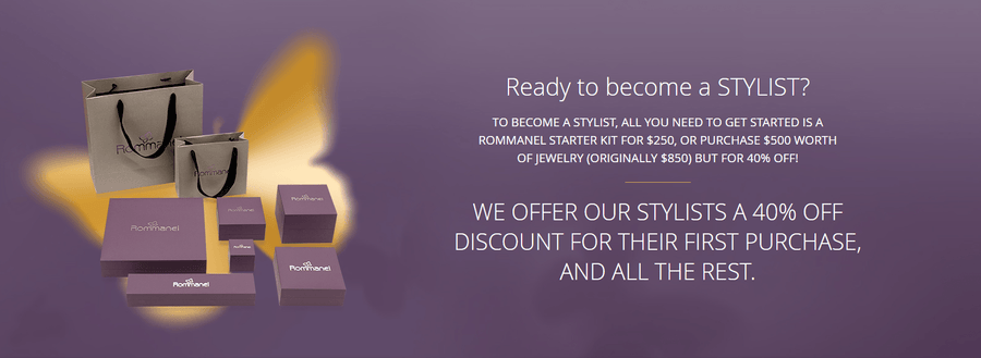Horizontal promotional banner on a purple background with a glowing golden butterfly outline. On the left are grey Rommanel shopping bags and purple jewelry gift boxes. On the right, white text reads: 'Ready to become a STYLIST? TO BECOME A STYLIST, ALL YOU NEED TO GET STARTED IS A ROMMANEL STARTER KIT FOR $250, OR PURCHASE $500 WORTH OF JEWELRY (ORIGINALLY $850) BUT FOR 40% OFF! WE OFFER OUR STYLISTS A 40% OFF DISCOUNT FOR THEIR FIRST PURCHASE, AND ALL THE REST.'